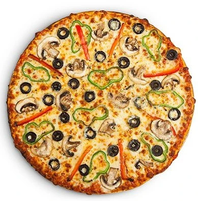 Punto de vista cenital de pizza de pimientos olivas negras y champinones